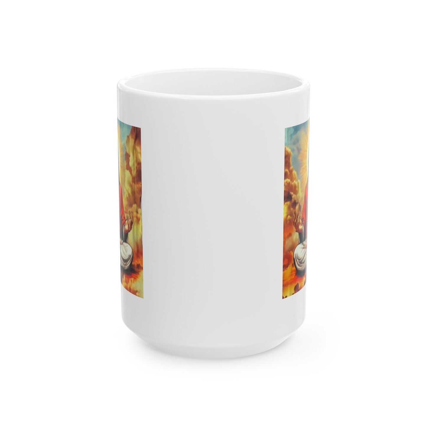 Meditating Jesus mug featuring a vibrant design of Jesus in a serene pose surrounded by clouds