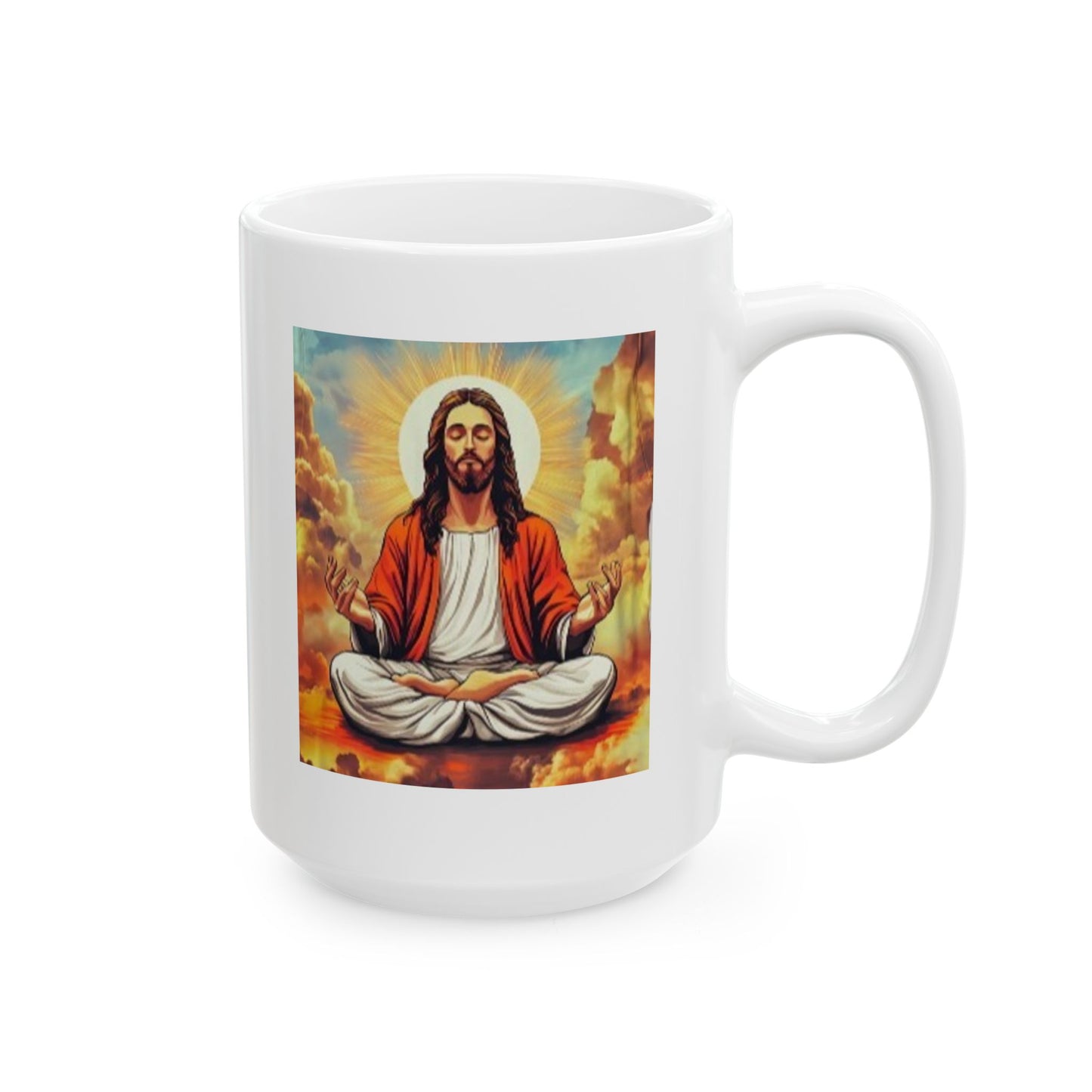 Meditating Jesus mug featuring a serene image of Jesus in a meditative pose against a colorful background