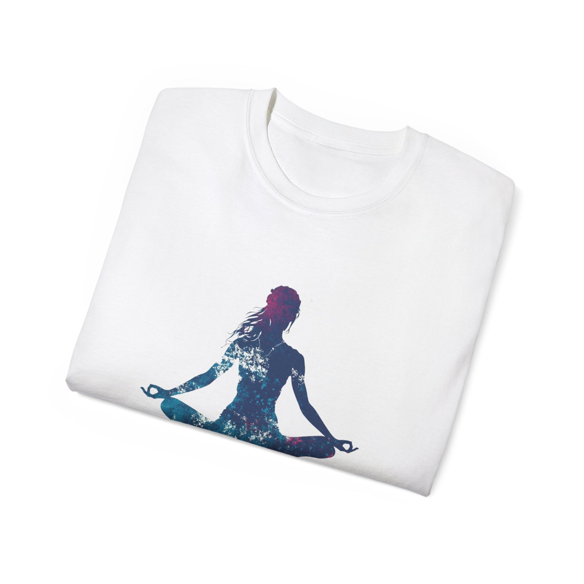 Meditation graphic tee featuring a colorful silhouette of a meditating figure on a white shirt