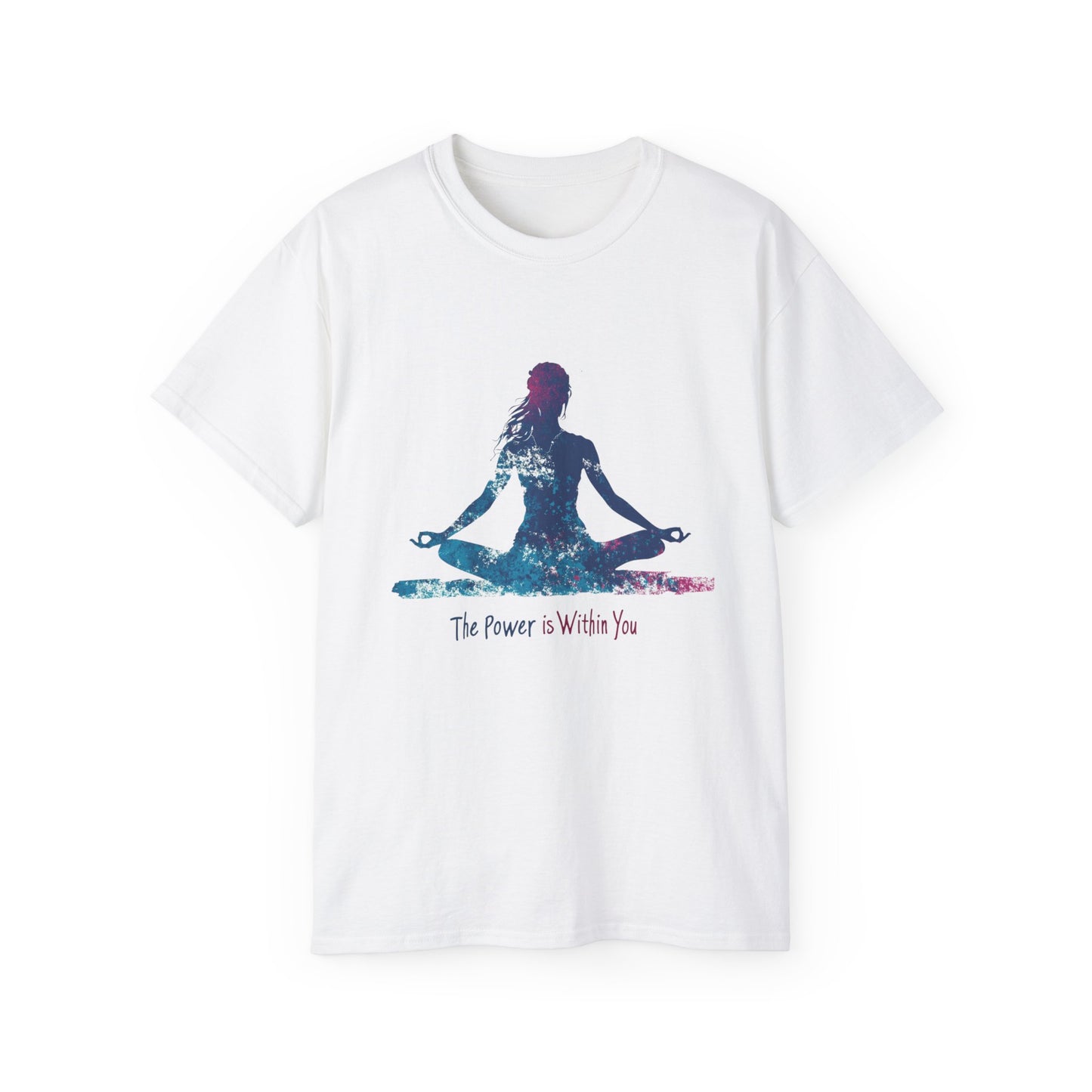 White meditation graphic tee featuring a colorful yoga silhouette and inspiring quote