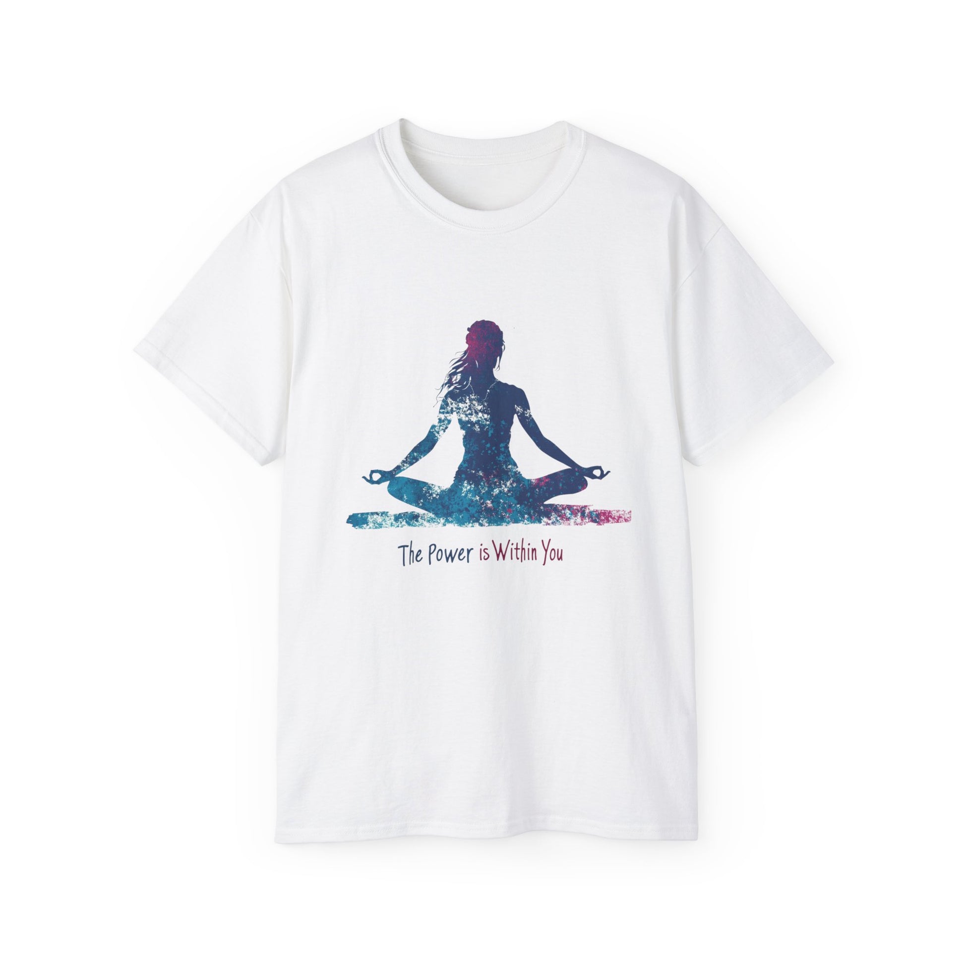 White meditation graphic tee featuring a colorful yoga silhouette and inspiring quote