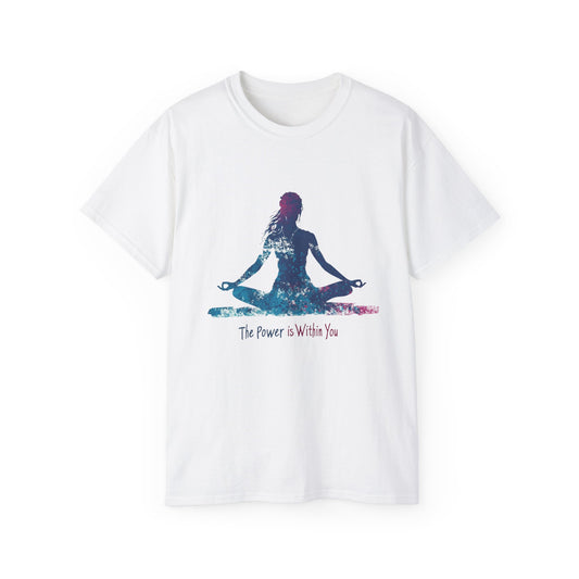 White meditation graphic tee featuring a colorful yoga silhouette and inspiring quote