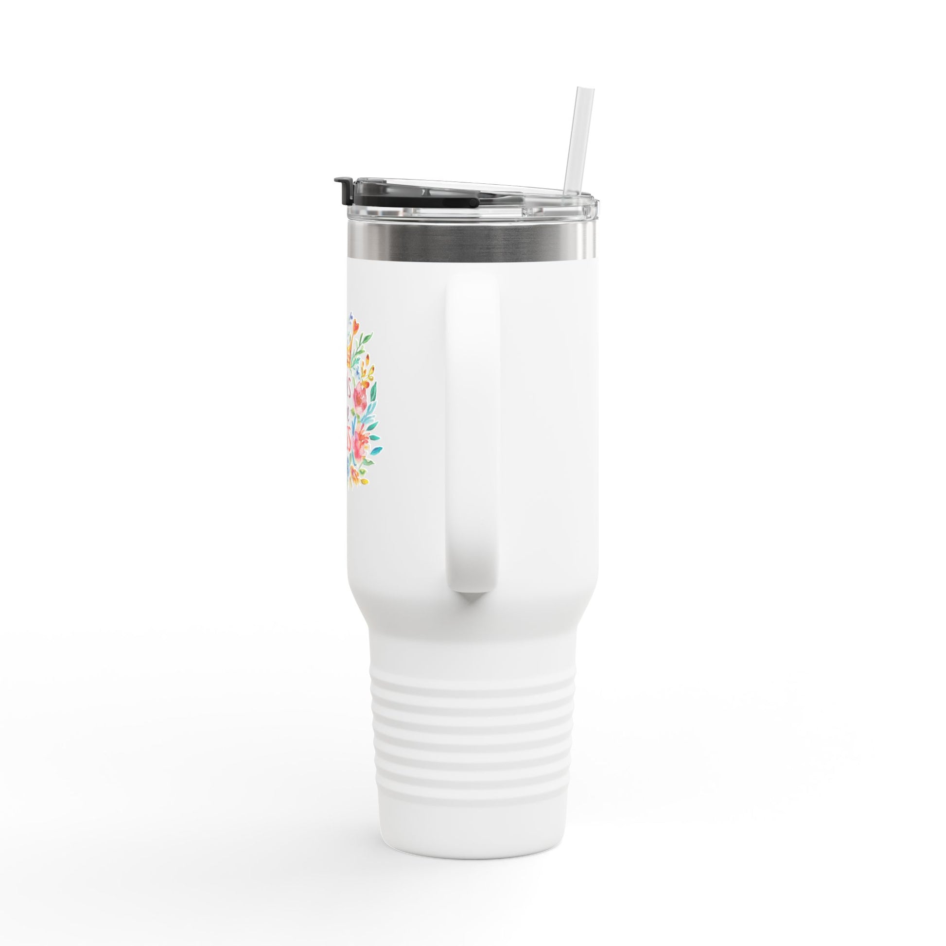 White mom travel mug with floral design and clear lid, perfect for on-the-go moms