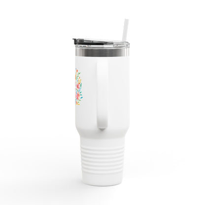 White mom travel mug with floral design and clear lid, perfect for on-the-go moms