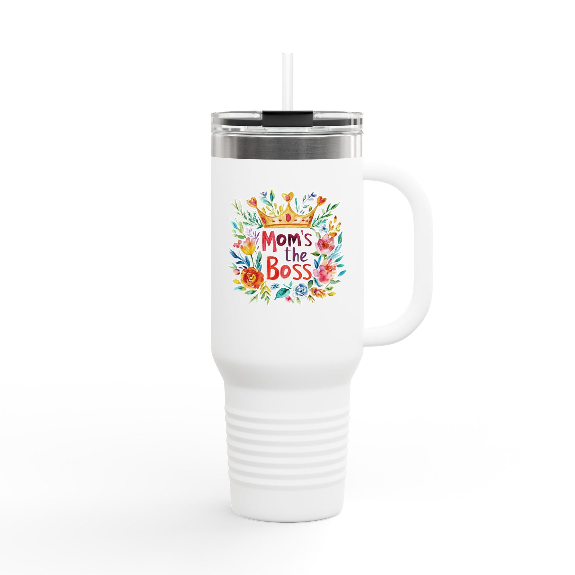 White mom travel mug with colorful floral design and text saying Mom's the Boss