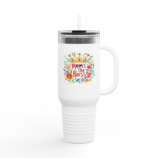 White mom travel mug with colorful floral design and text saying Mom's the Boss