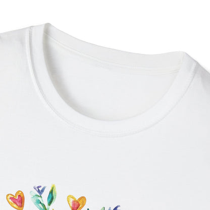 Close-up of collar on mom's the boss t-shirt with colorful heart and flower design