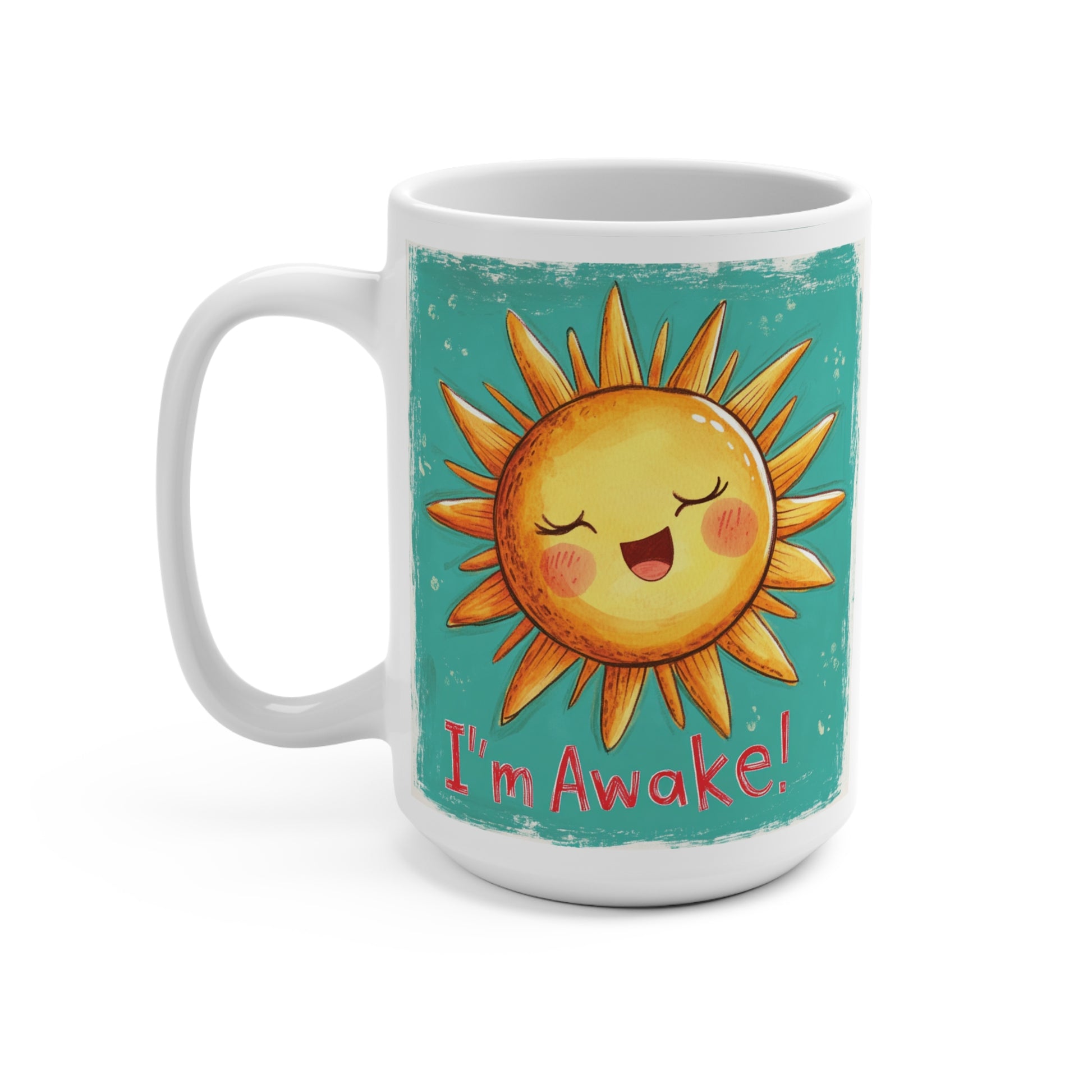 Colorful I am Awake mug gift featuring a cheerful sun graphic for brightening mornings