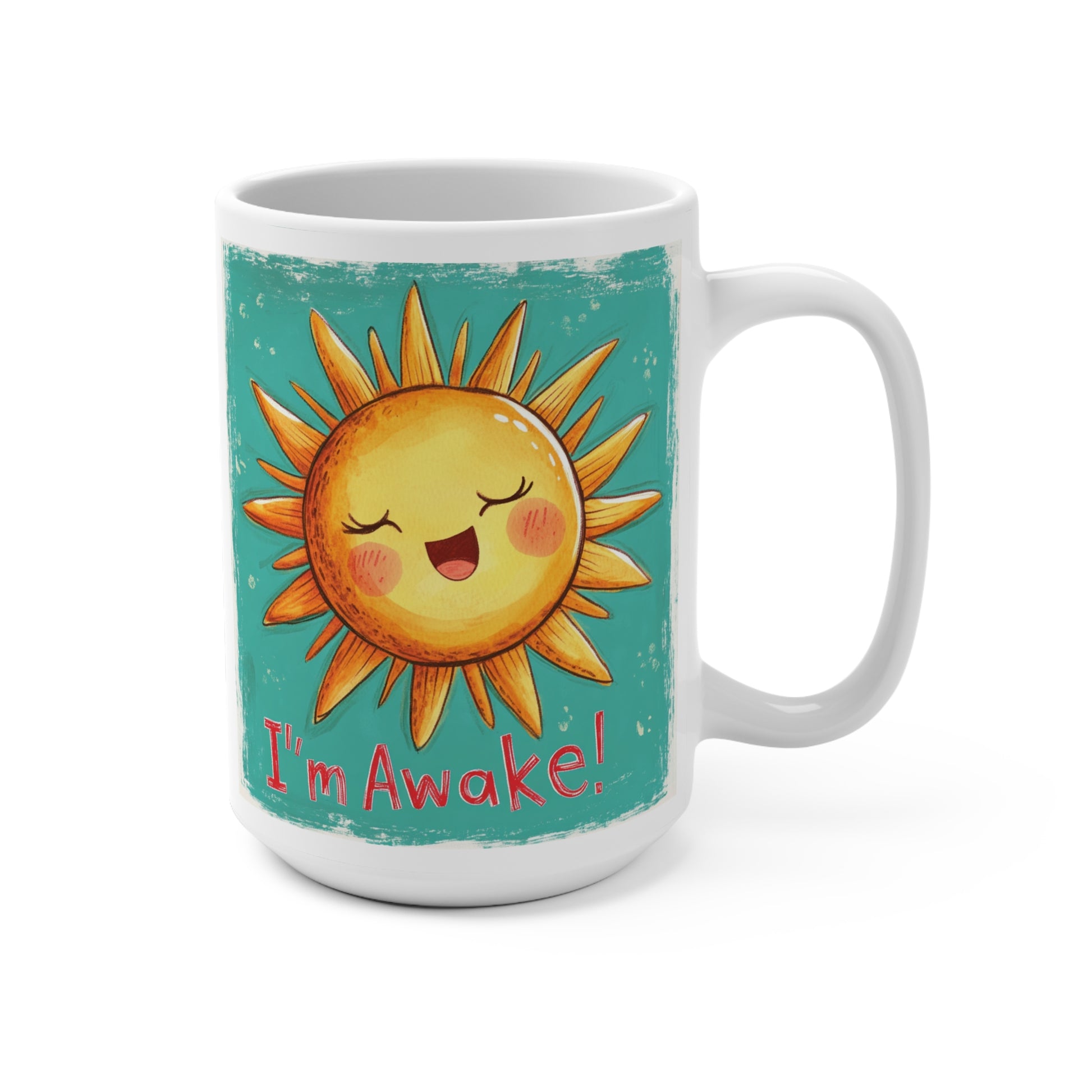 I am Awake mug gift featuring a cute sun design with cheerful expressions