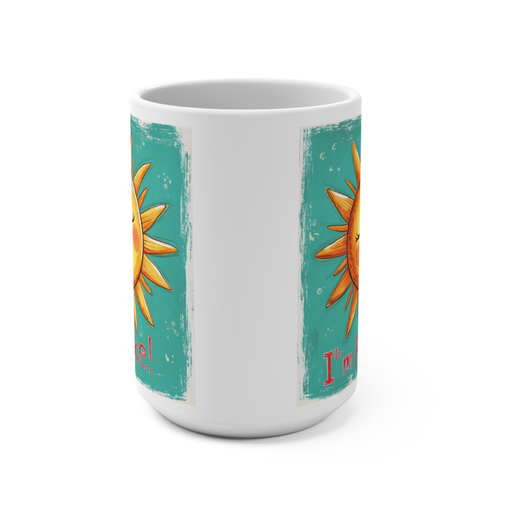 Colorful I am Awake mug gift featuring a cheerful sun design and playful text