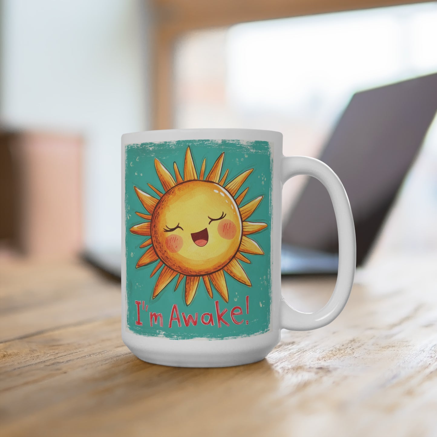 I am Awake mug gift featuring a cheerful sun design with vibrant colors for a joyful morning drink