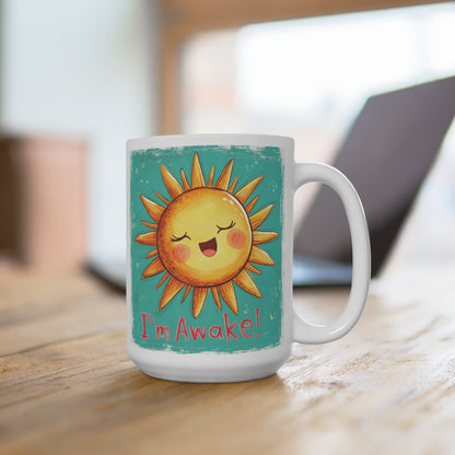 I am Awake mug gift featuring a cheerful sun design with vibrant colors for a joyful morning drink