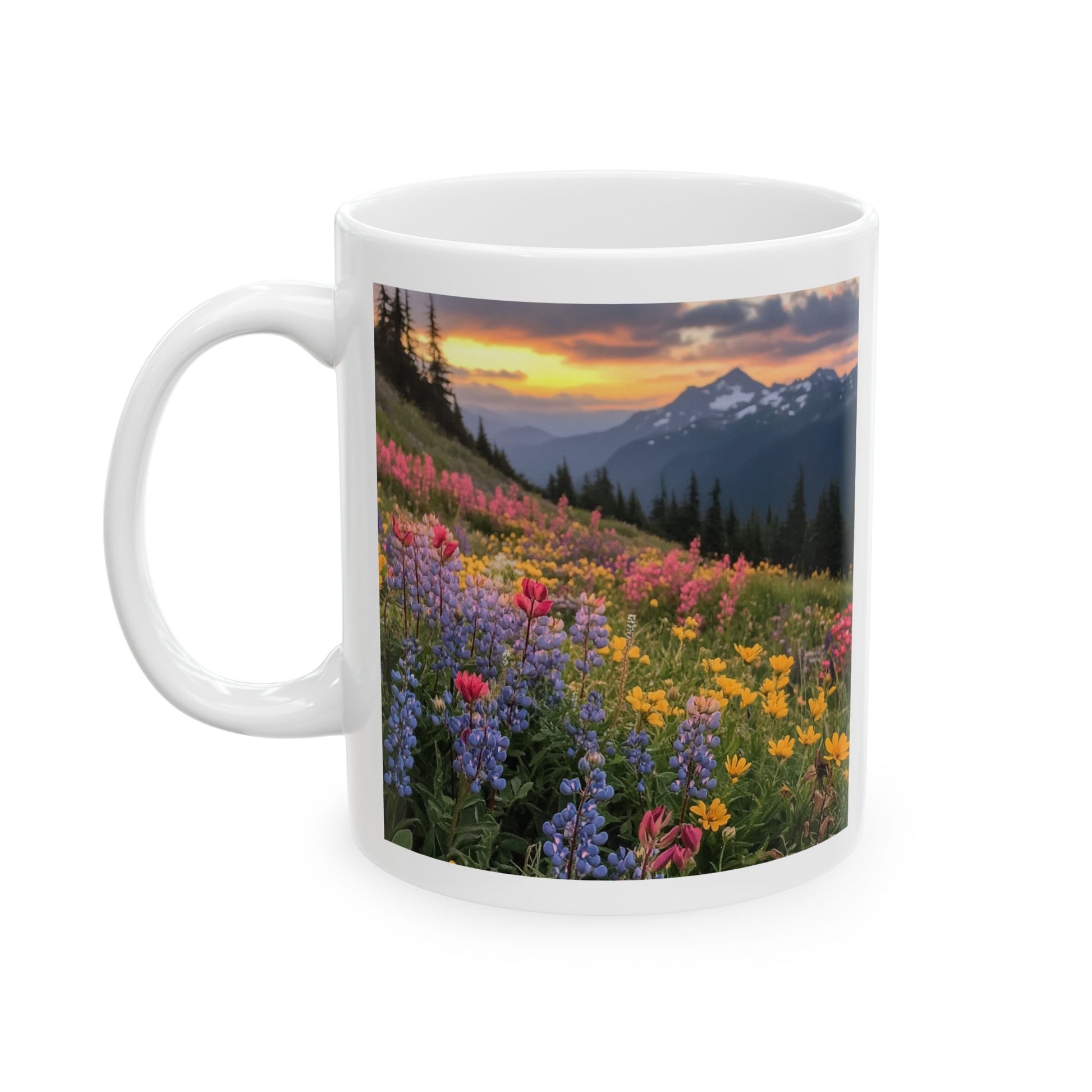 Nature print coffee mug featuring vibrant wildflowers and mountains at sunset