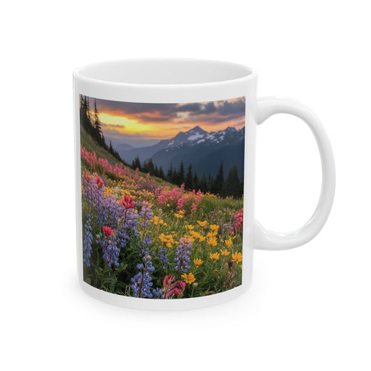 Nature print coffee mug featuring a vibrant floral landscape with mountains at sunset