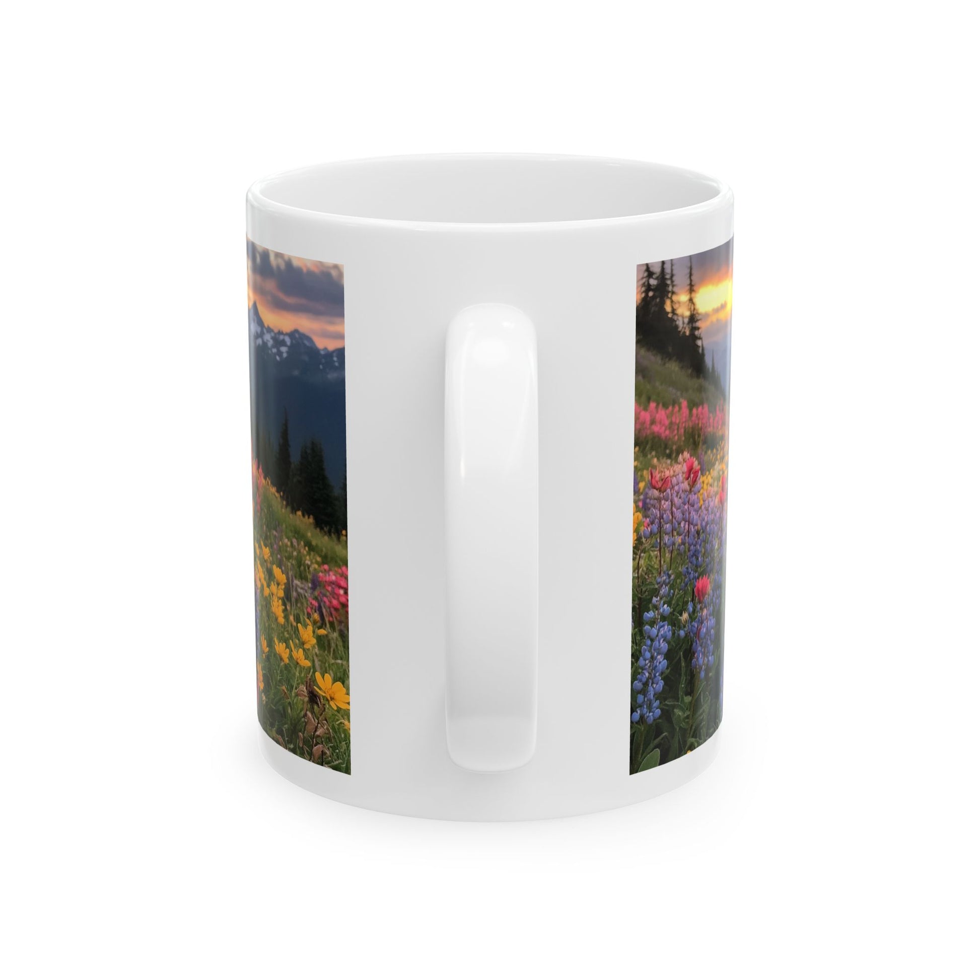 Nature print coffee mug featuring colorful wildflowers and a scenic mountain landscape