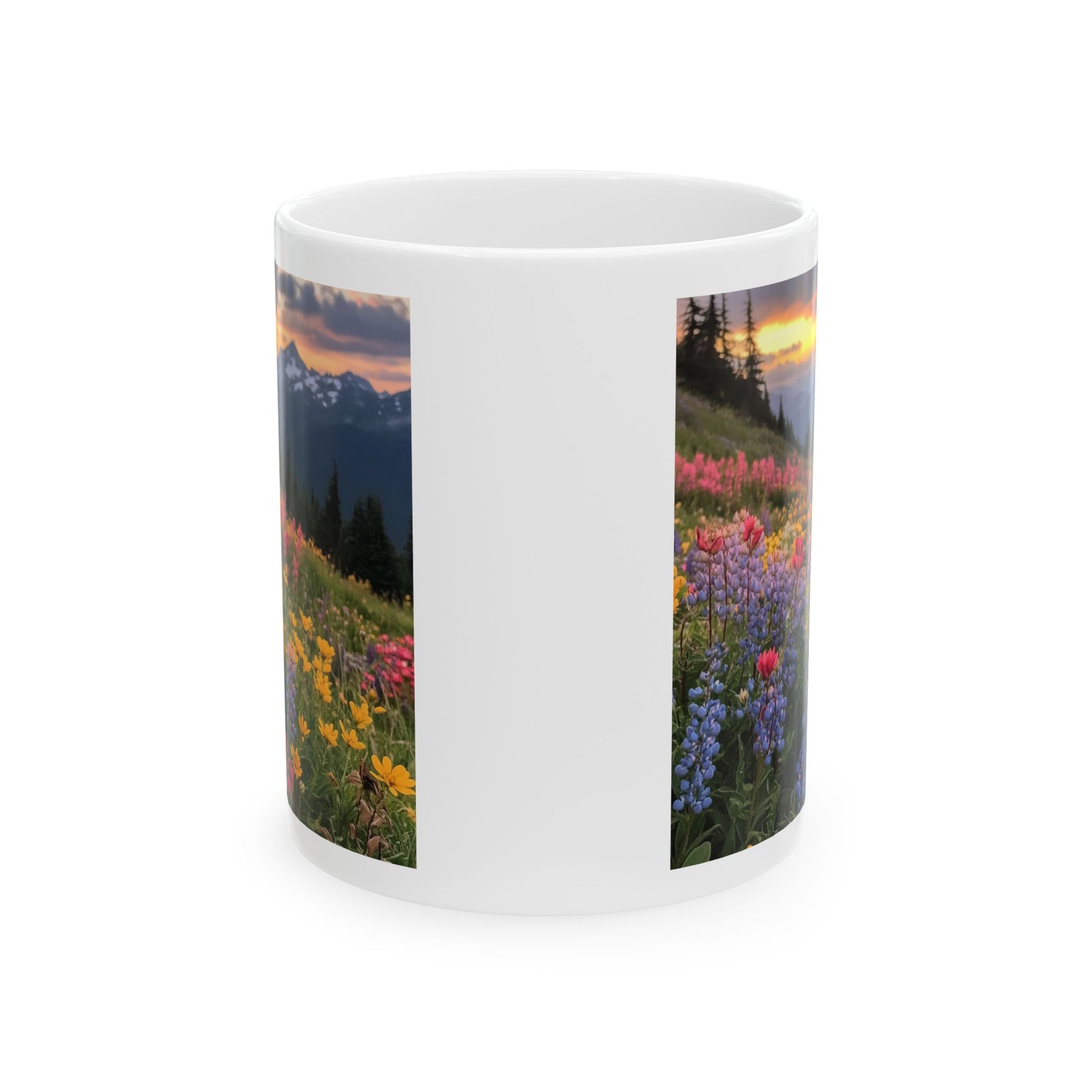 Nature print coffee mug featuring vibrant flowers and mountains at sunset, perfect for nature lovers