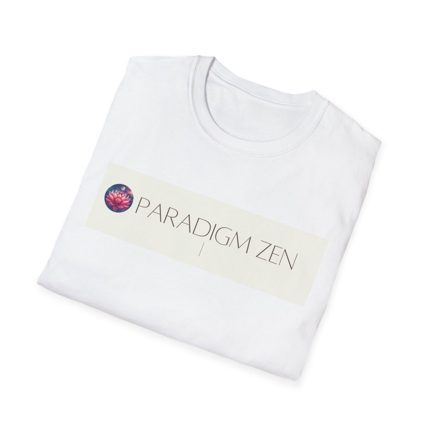 Folded white Paradigm Zen t-shirt featuring a colorful lotus design and modern typography