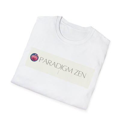 Folded white Paradigm Zen t-shirt featuring a colorful lotus design and modern typography
