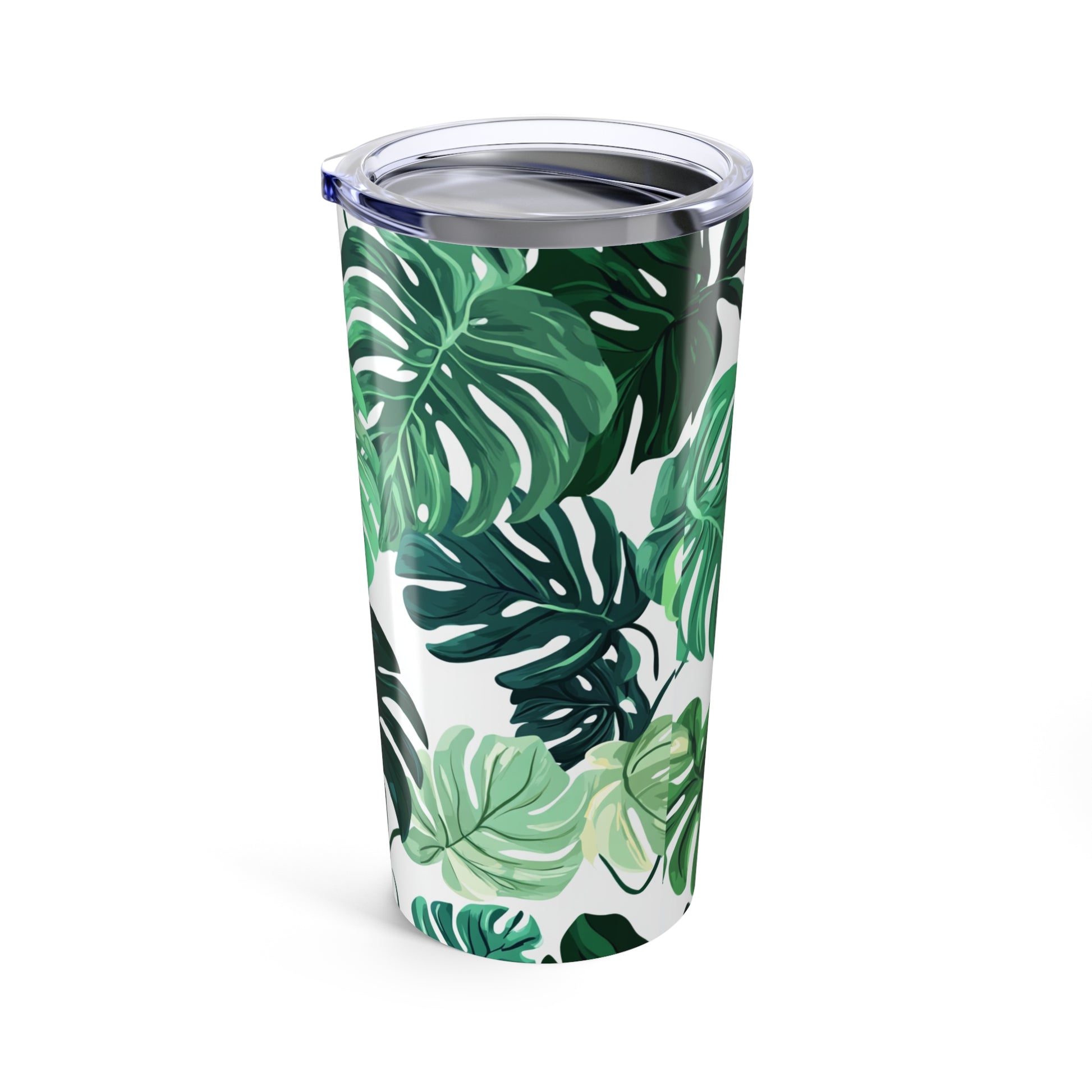 Tropical plant lover travel tumbler with green leaf design for on-the-go hydration