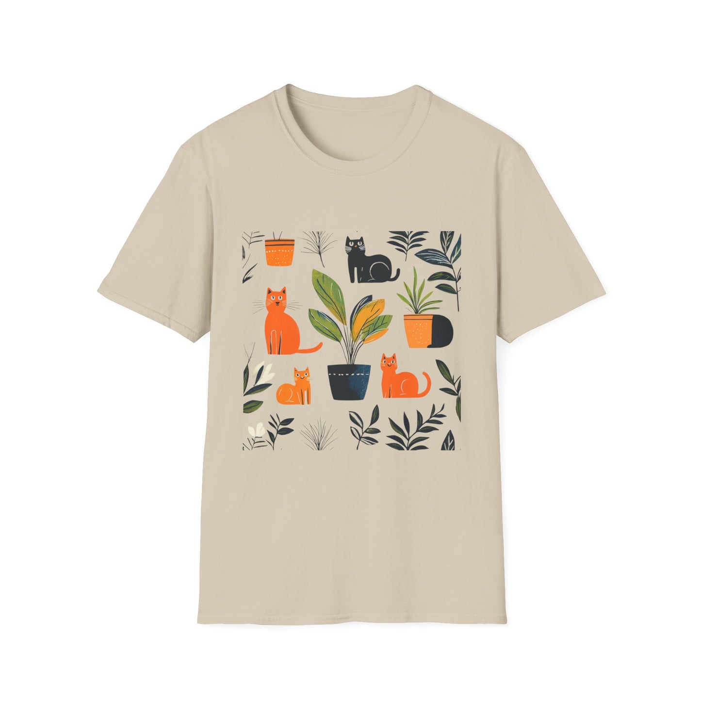 Plants and cats graphic t-shirt featuring colorful cats and potted plants on a neutral background
