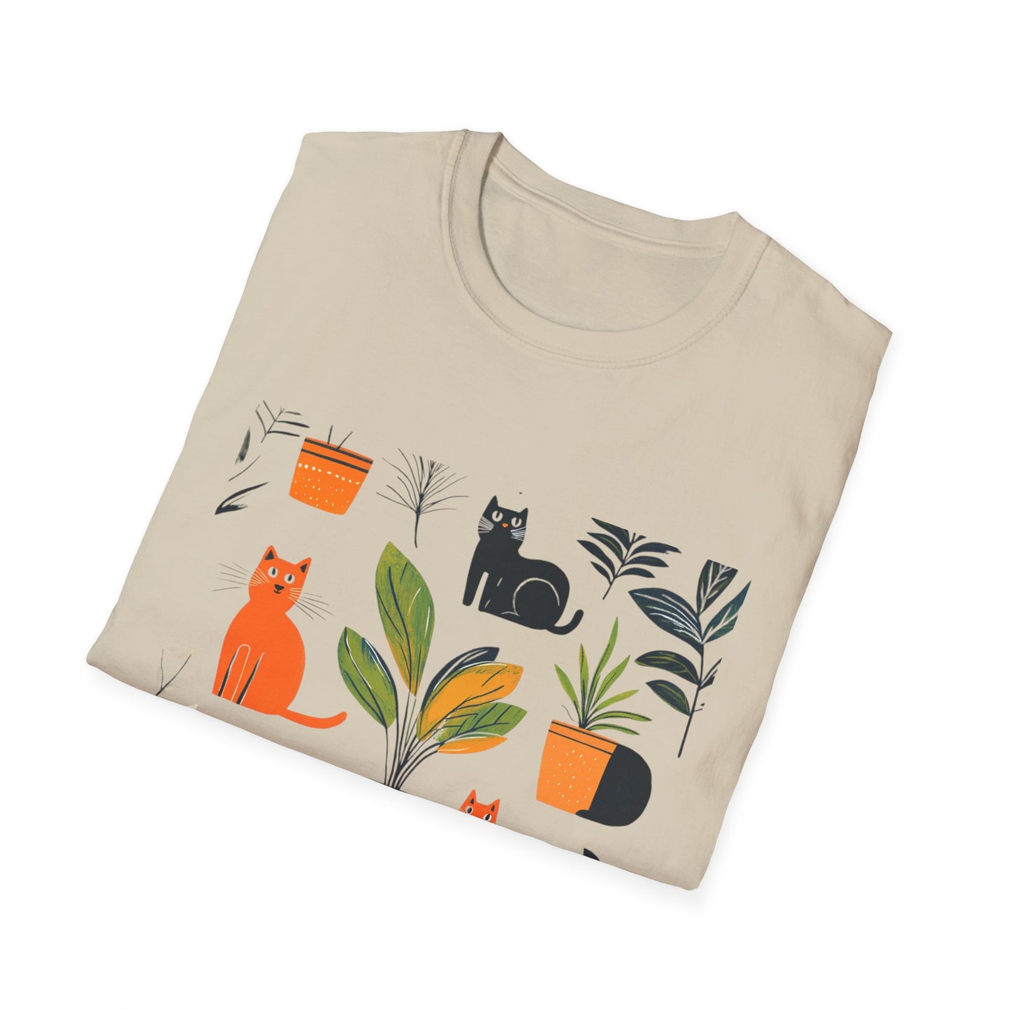 Cream plants and cats graphic t-shirt featuring colorful cats and potted plants design