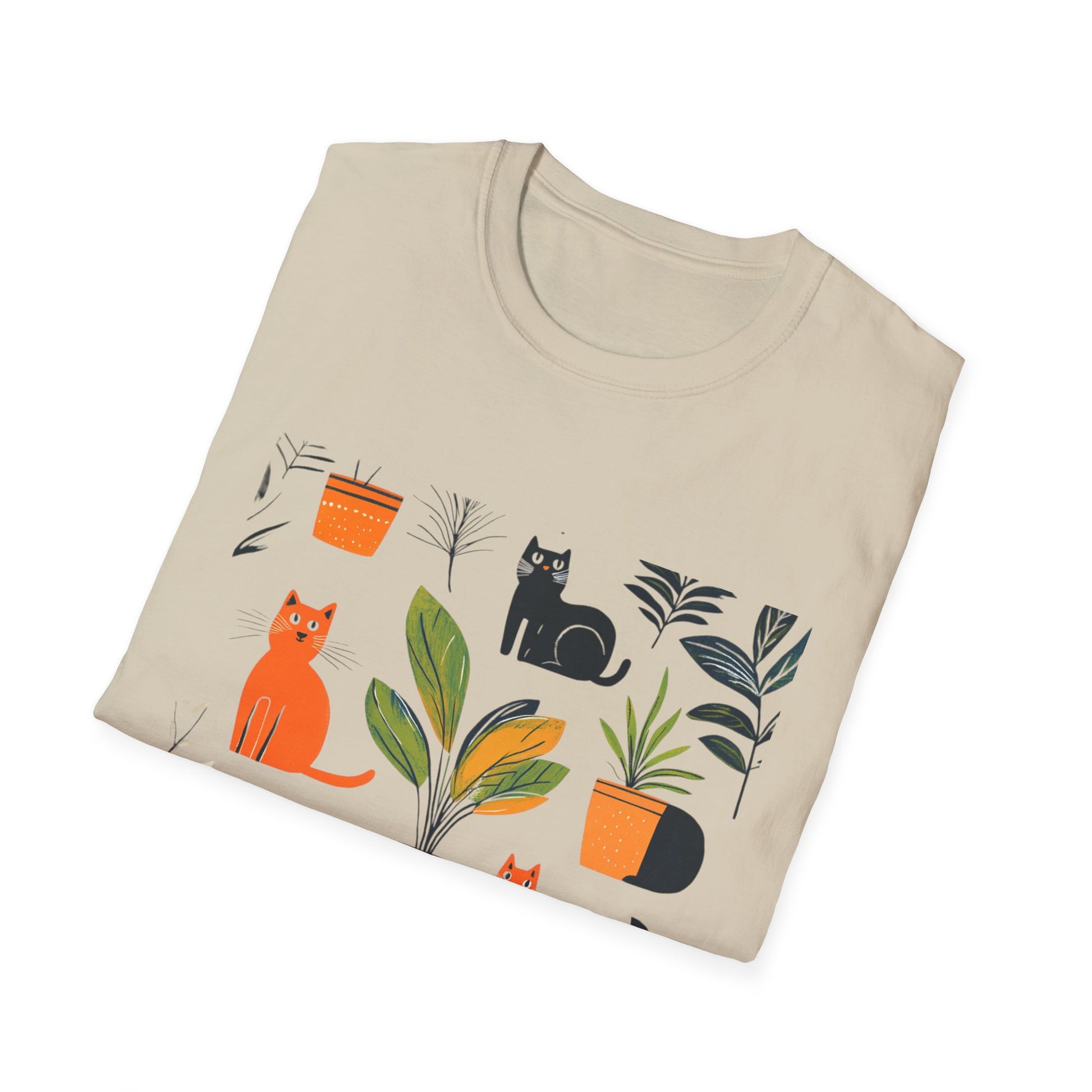 Cream plants and cats graphic t-shirt featuring colorful cats and potted plants design