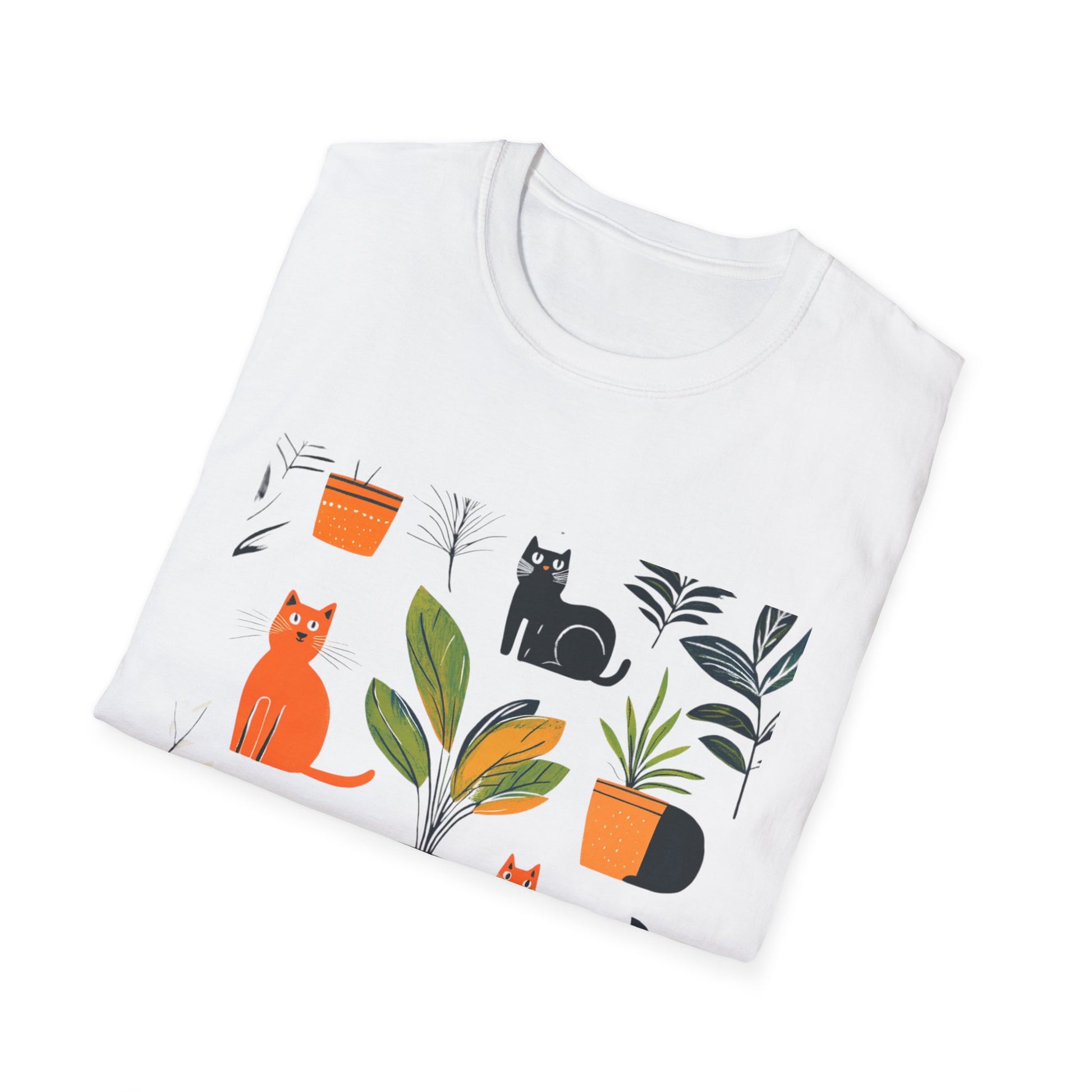 White plants and cats graphic t-shirt featuring colorful illustrations of cats and potted plants