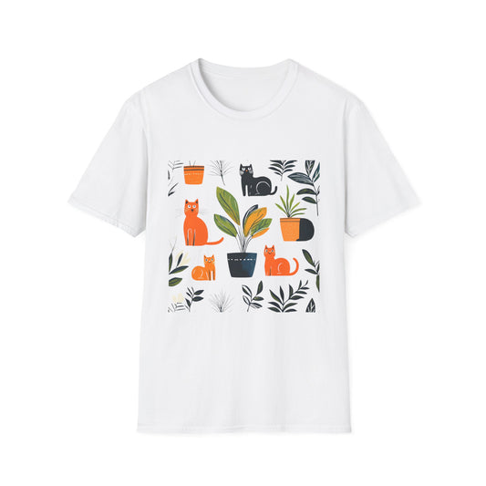 Plants and cats graphic t-shirt featuring colorful cats and potted plants design on a white background