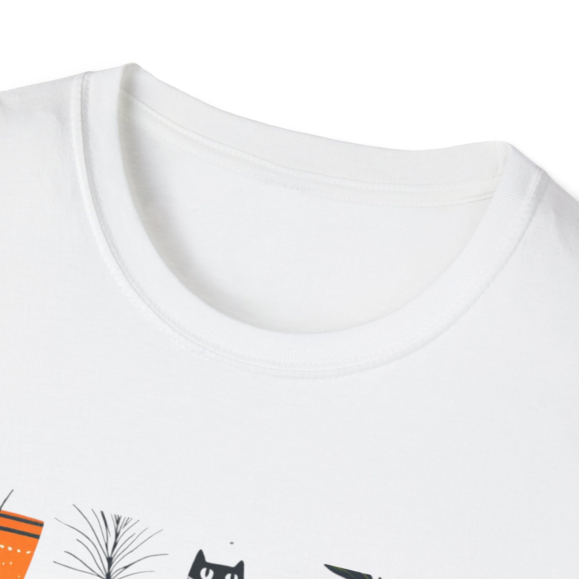 White plants and cats graphic t-shirt featuring cute illustrations on the front