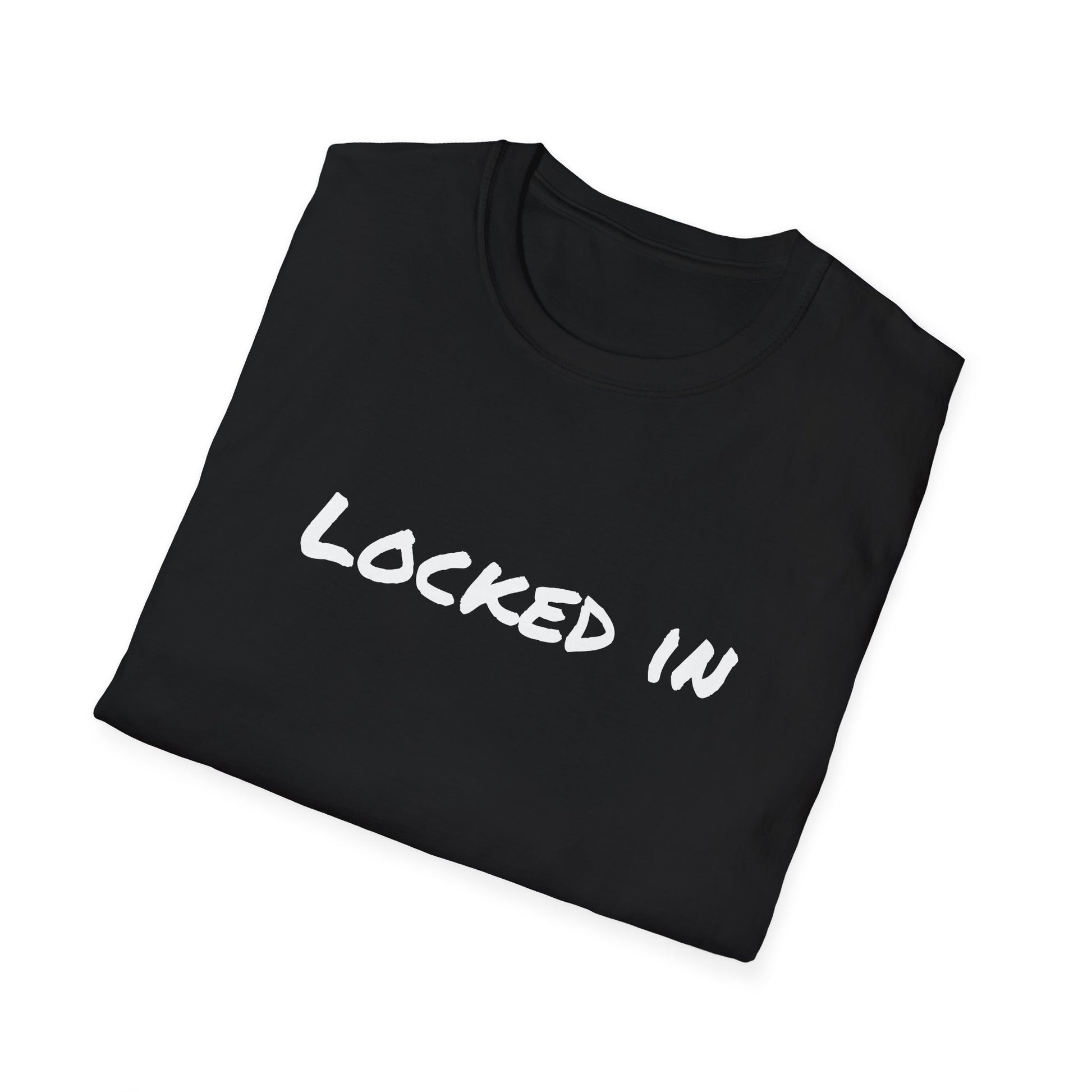 Printify black folded crew neck t shirt with white handwritten LOCKED IN print locked in t shirt motivational training tee