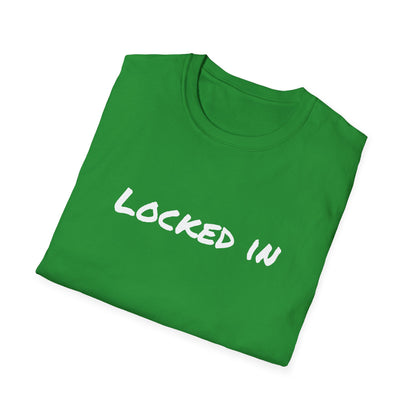 Printify green folded T shirt with white LOCKED IN script design for athletes and gym goers locked in t shirt motivational
