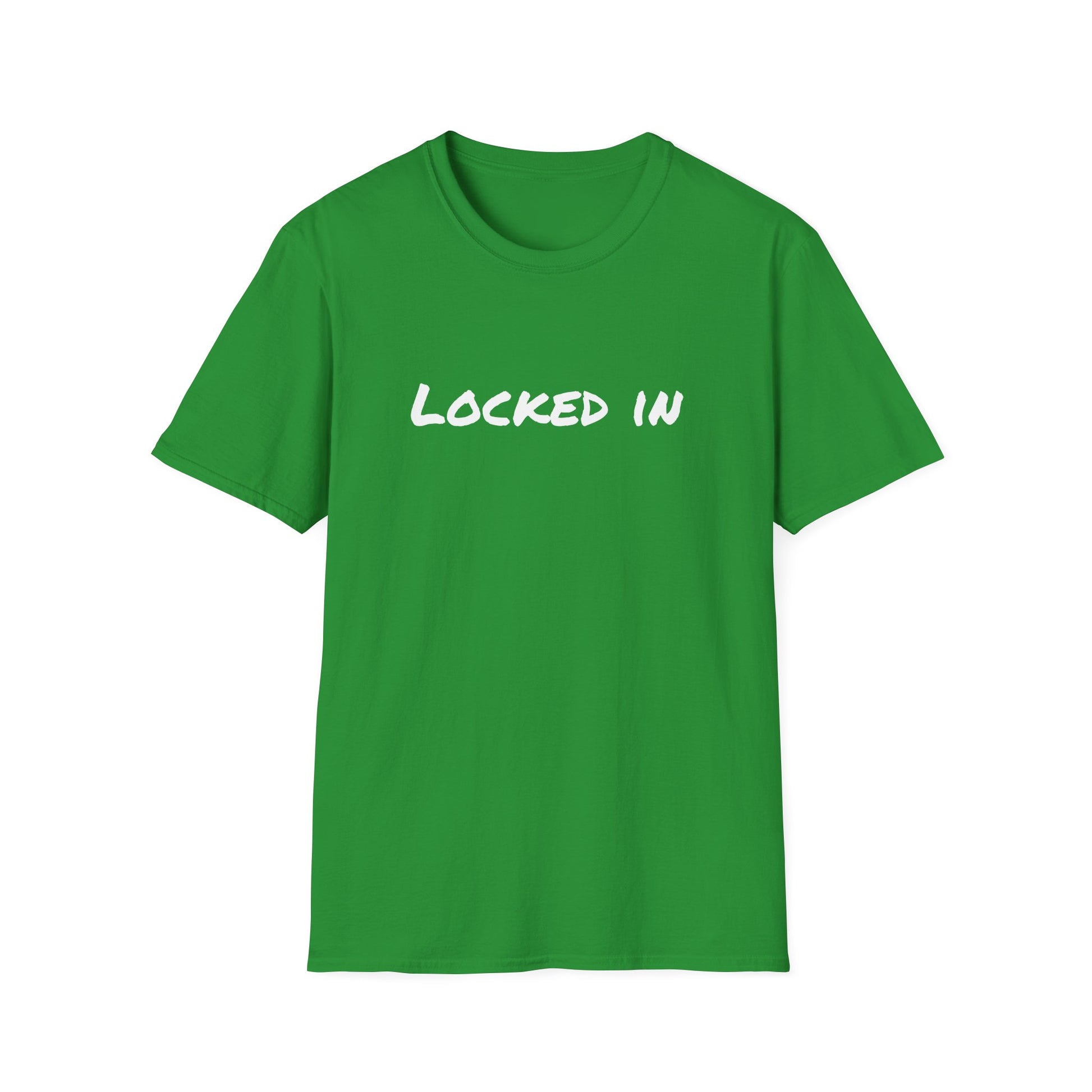 Printify green crew neck t shirt with white LOCKED IN text centered for workout apparel locked in t shirt motivational