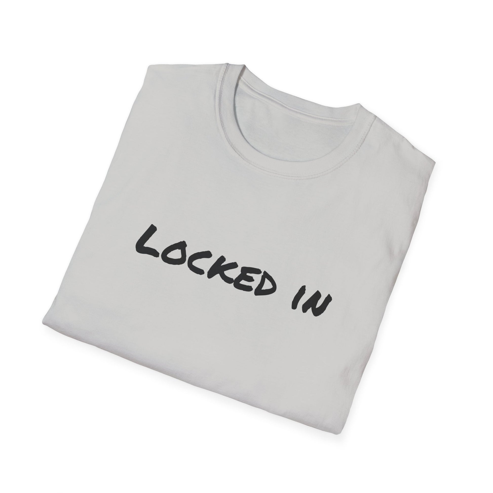 Printify white folded t shirt with black handwritten LOCKED IN print for athletes and focus fans locked in t shirt motivational