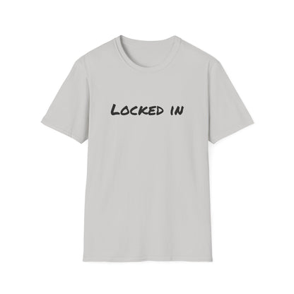 Printify light gray T shirt with black Locked In script centered for workout focus locked in t shirt motivational