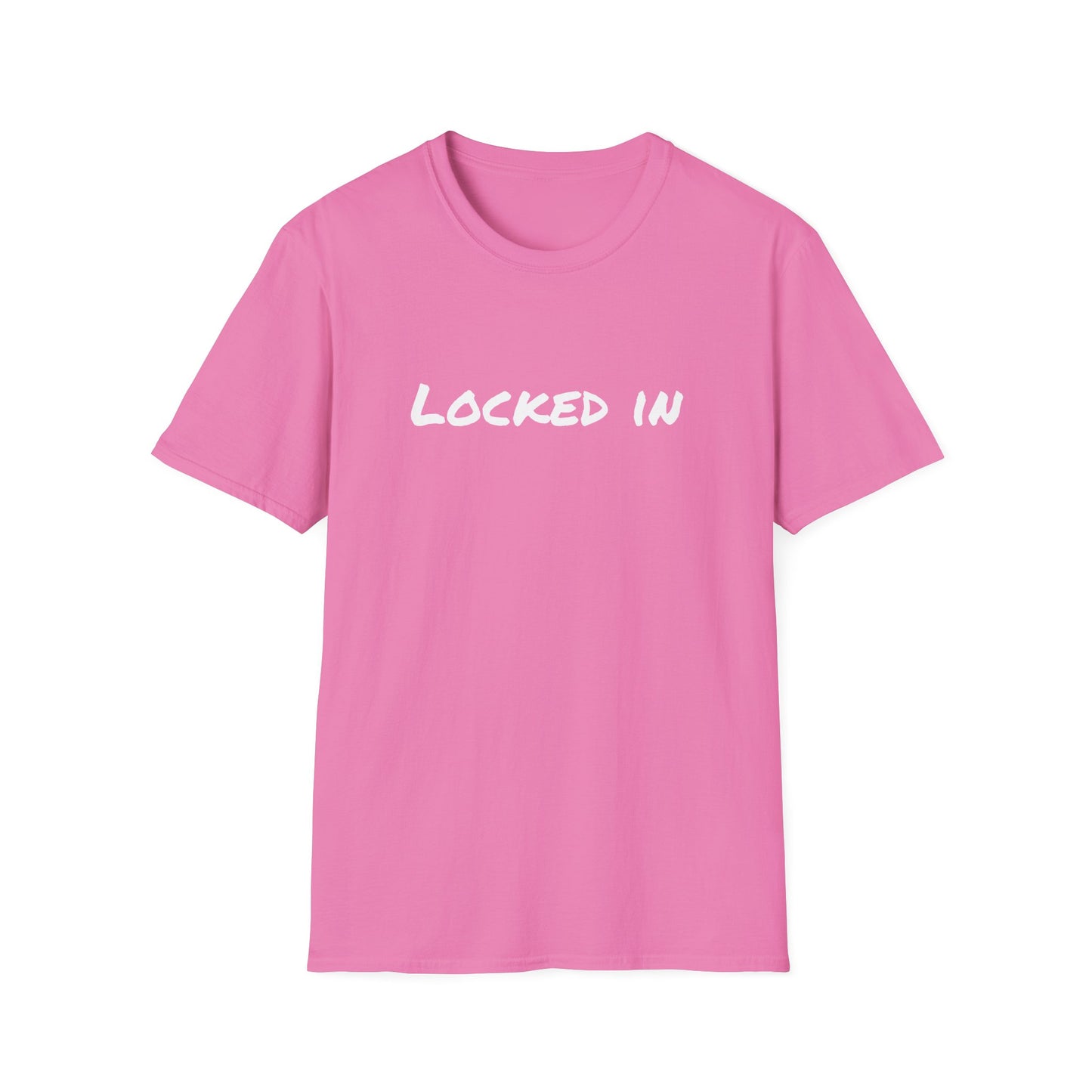 pink cotton crewneck t shirt with white Locked In script logo centered for gym and focus wear locked in t shirt motivational
