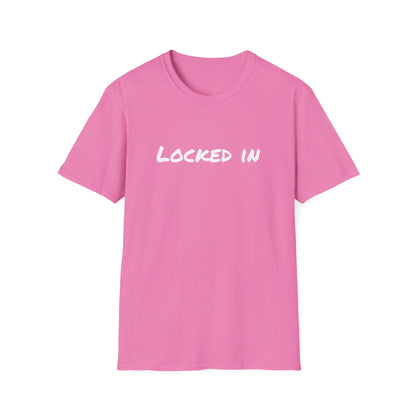 pink cotton crewneck t shirt with white Locked In script logo centered for gym and focus wear locked in t shirt motivational