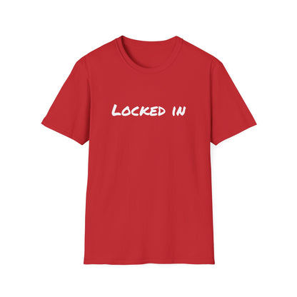 Printify red crew neck t shirt with white LOCKED IN front print casual workout tee locked in t shirt motivational
