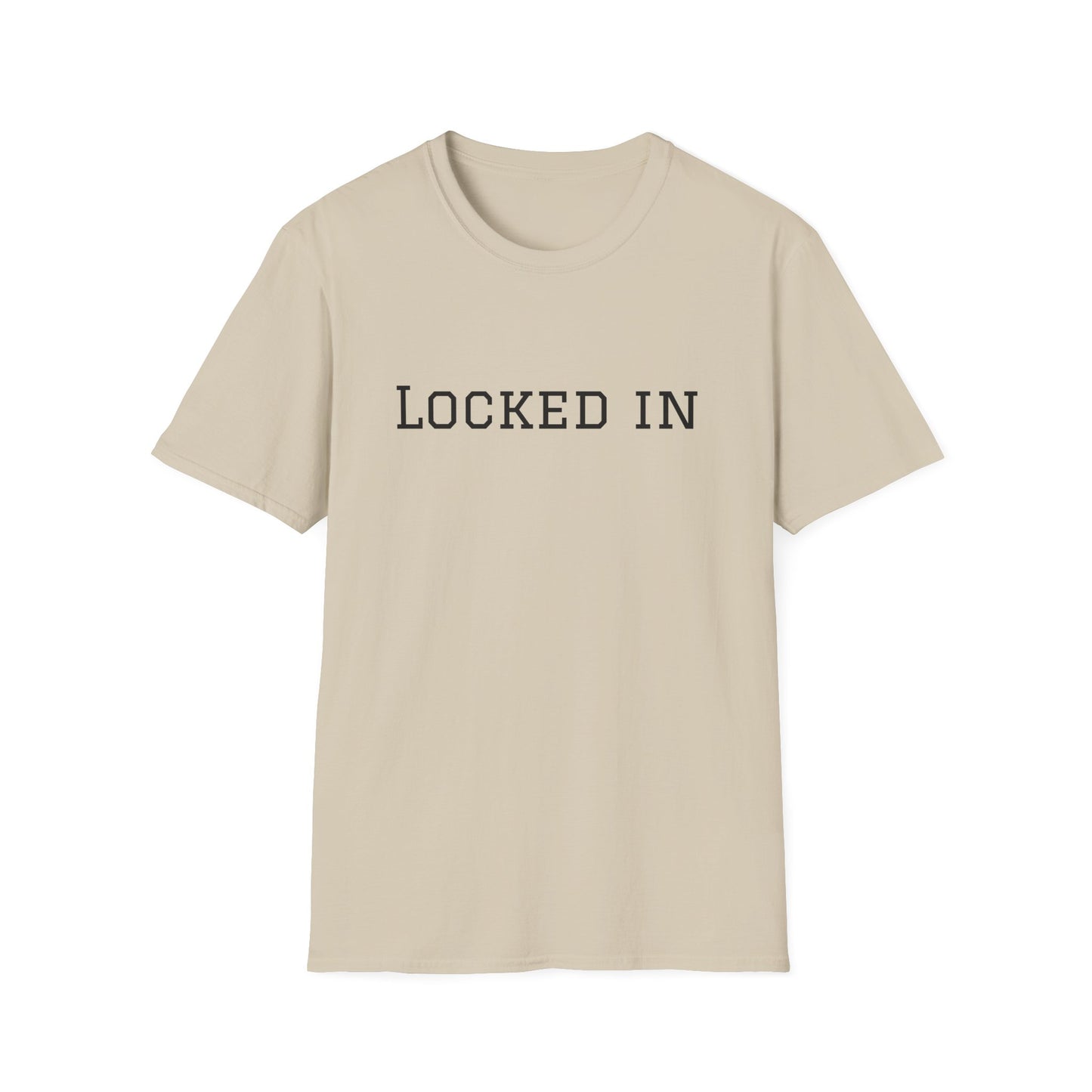 Beige crew neck Printify T shirt with black LOCKED IN chest text for gym focus and everyday wear locked in t shirt motivational