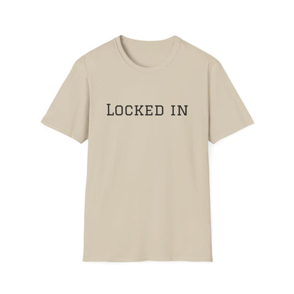 Beige crew neck Printify T shirt with black LOCKED IN chest text for gym focus and everyday wear locked in t shirt motivational