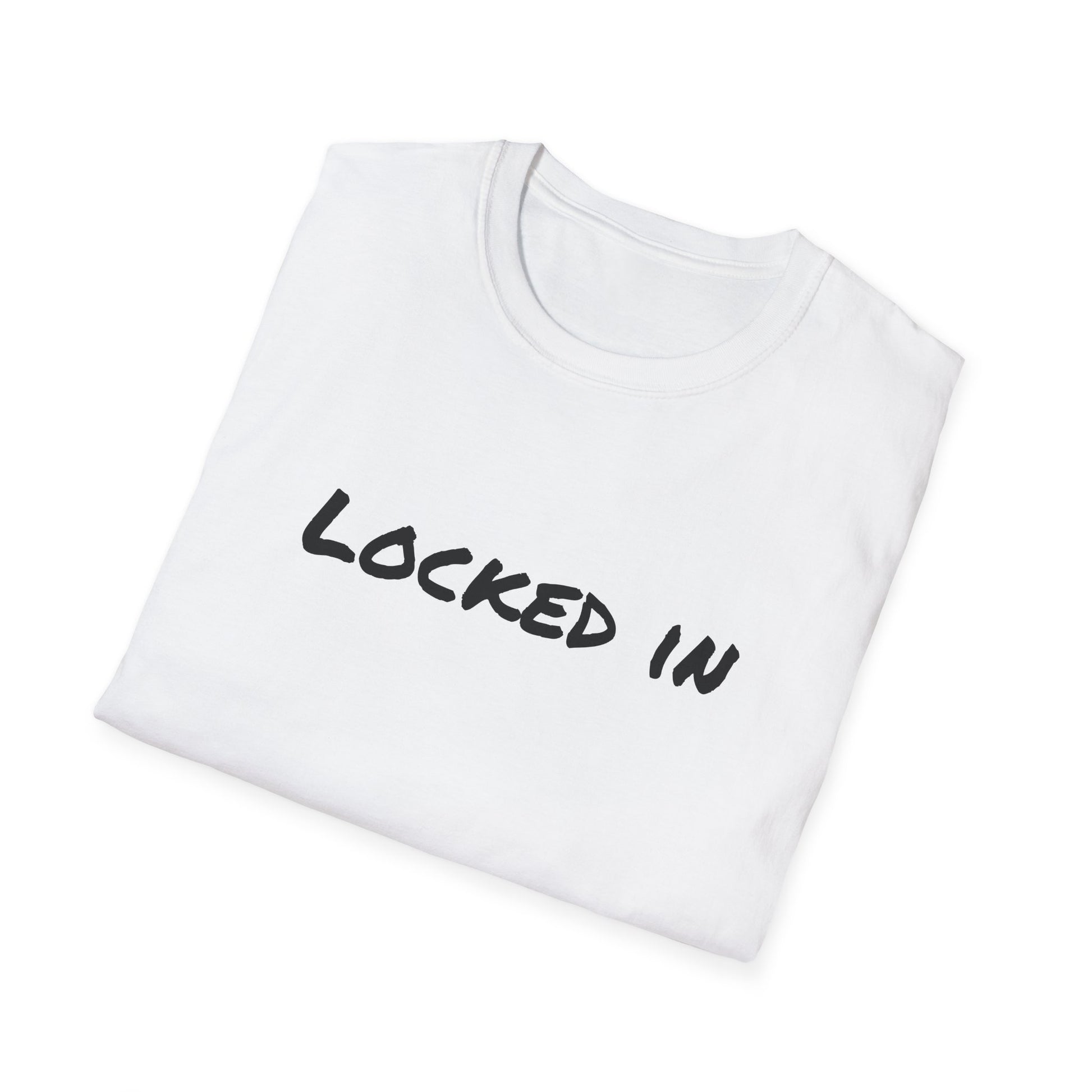 Printify white folded cotton t shirt with black Locked In print for workouts and focus locked in t shirt motivational