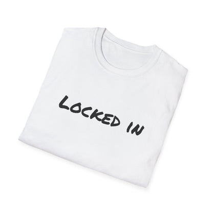 Printify white folded cotton t shirt with black Locked In print for workouts and focus locked in t shirt motivational
