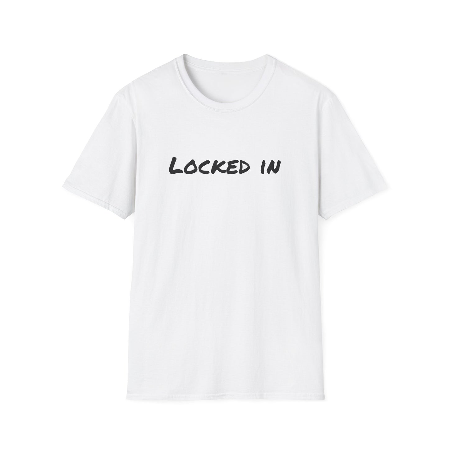 Printify white t shirt with black Locked In script across chest locked in t shirt motivational apparel for workouts