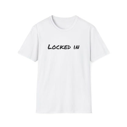 Printify white t shirt with black Locked In script across chest locked in t shirt motivational apparel for workouts