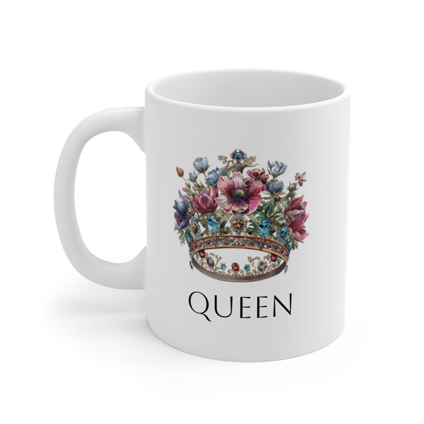 Queen floral coffee mug featuring a decorative crown with colorful flowers