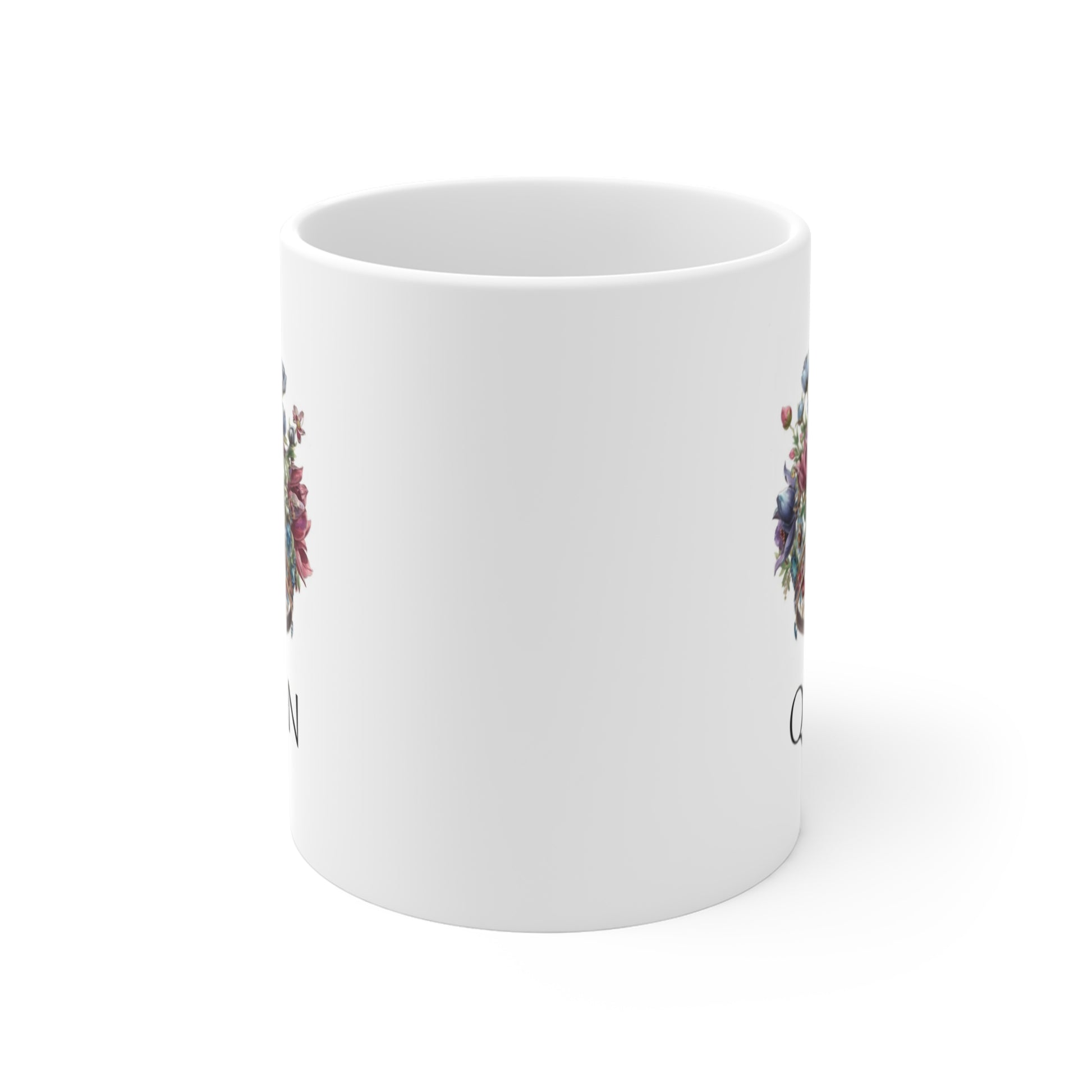 Queen floral coffee mug featuring colorful floral designs for a stylish beverage experience