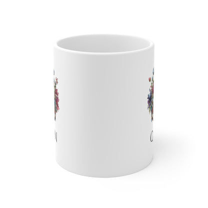 Queen floral coffee mug featuring colorful floral designs for a stylish beverage experience