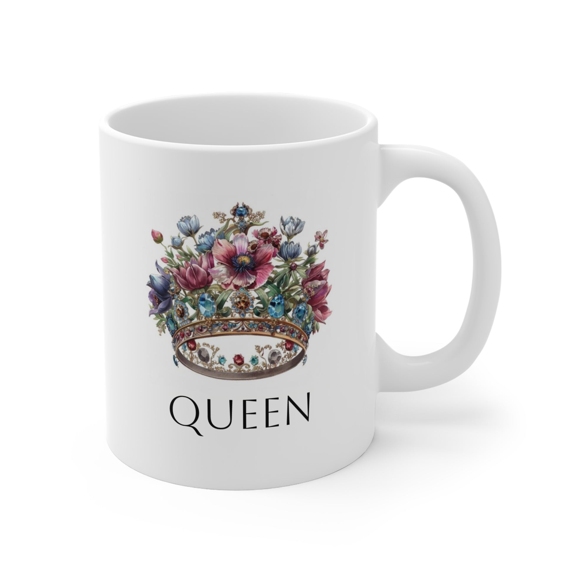 Queen floral coffee mug with colorful flower crown design and elegant typography