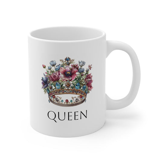 Queen floral coffee mug with colorful flower crown design and elegant typography