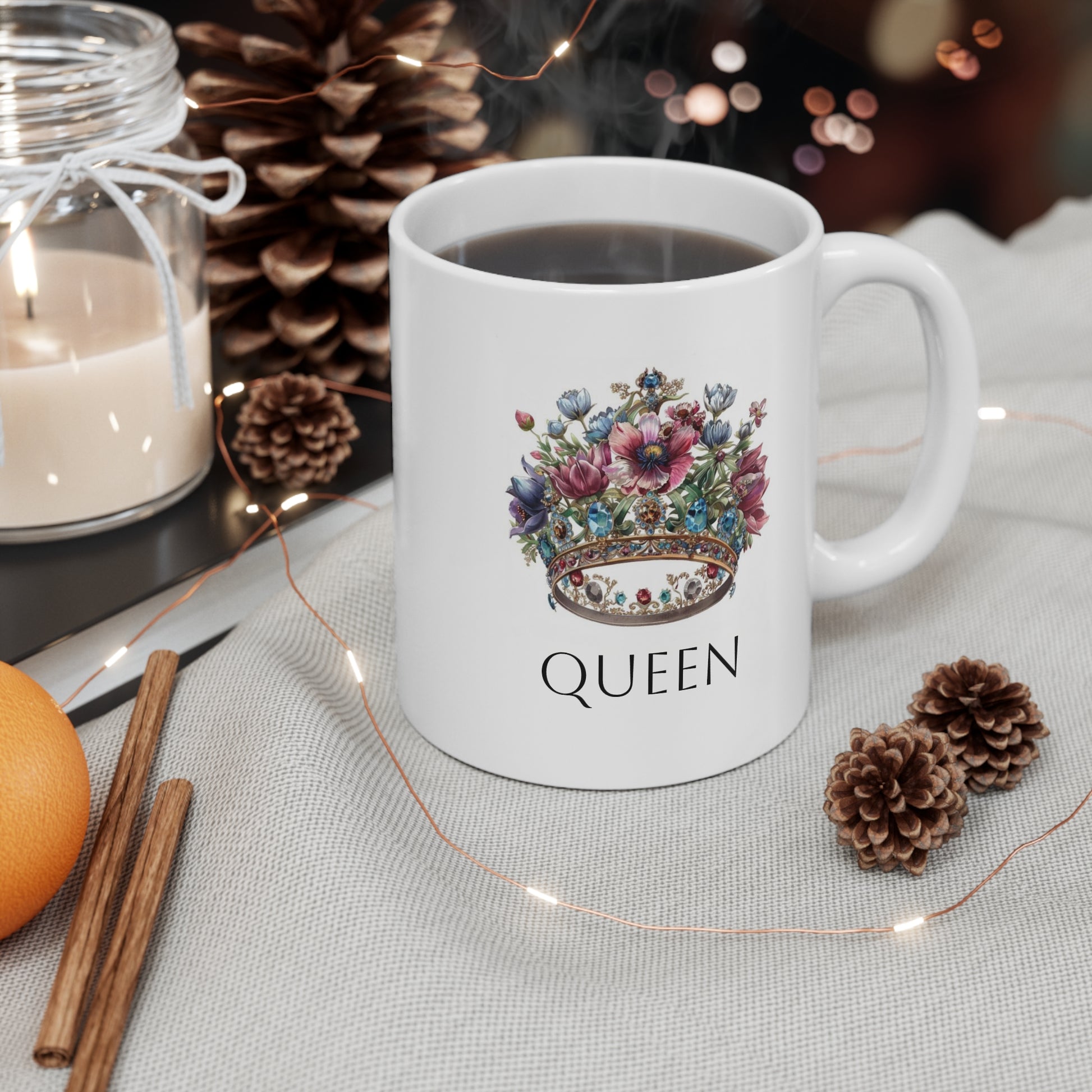 Queen floral coffee mug featuring a crown with colorful flowers, perfect for tea and coffee lovers