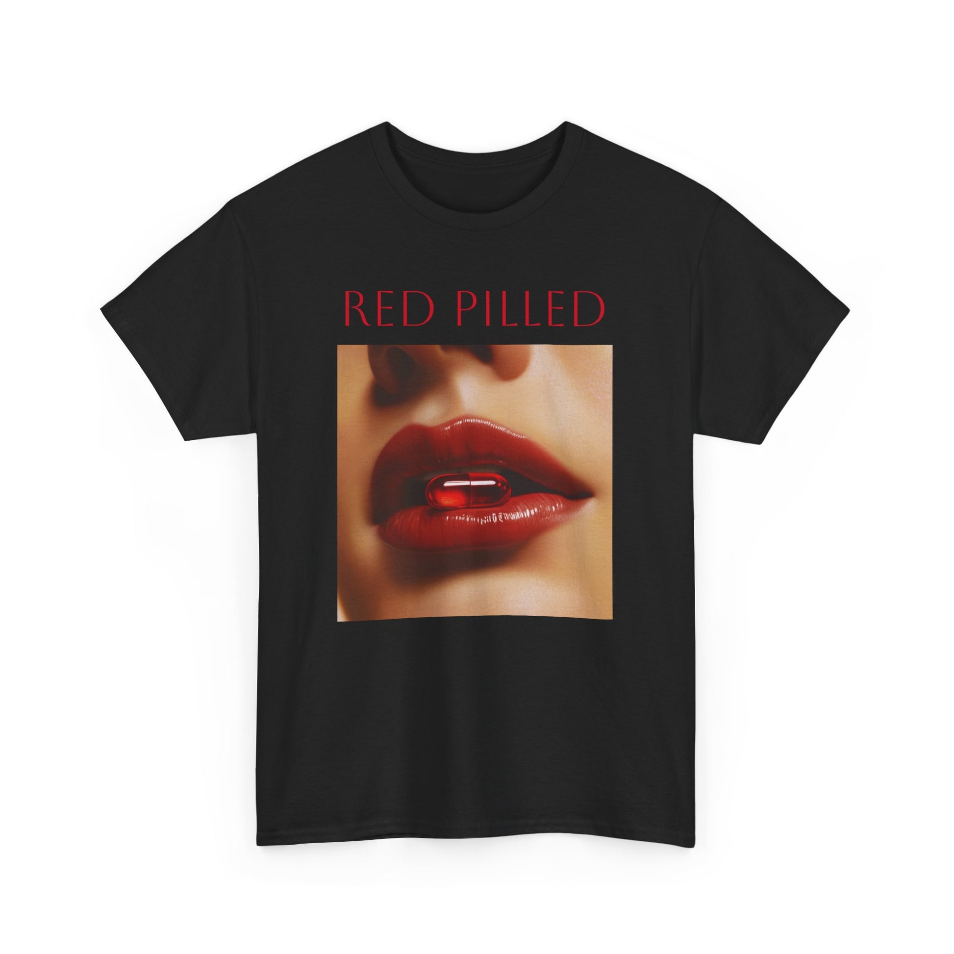 Black red pilled graphic t-shirt featuring bold lips and a red pill design
